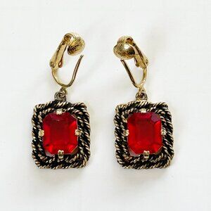 Sarah Coventry Vintage Gold-Tone Clip-On Earrings With Red Glass Signed